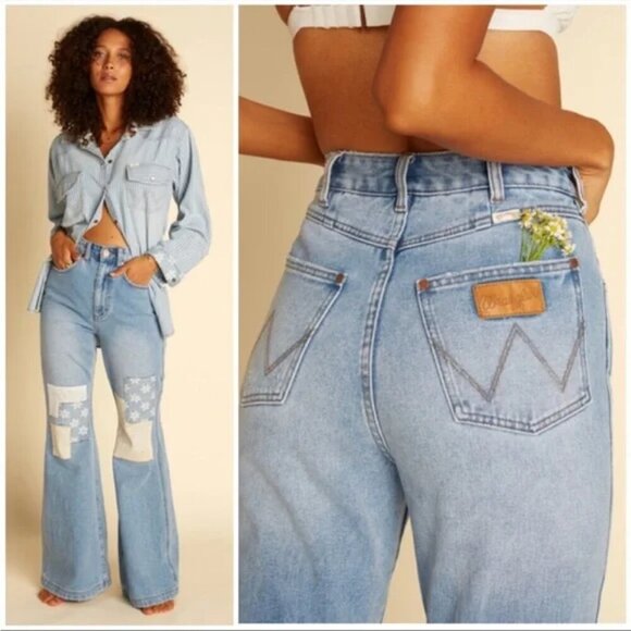 Billabong x Wrangler High Rise Medium Wash Floral Patchwork Non-Stretch Jean. 27 - Picture 1 of 15